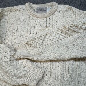Vtg Aran Sweater Markets 100% Wool Sweater Fisherman Knit Size Large Beige Fleck